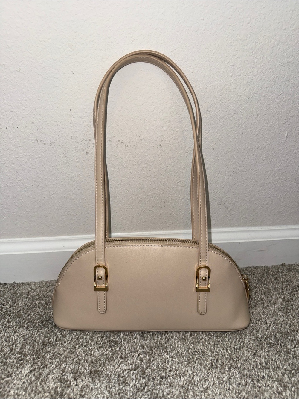 Madison West Beige Vegan Leather Mini Dome Baguette Shoulder Bag Buckle Detail